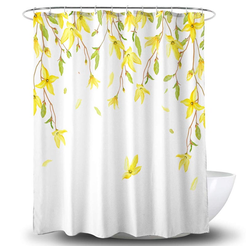 BECAN Floral Shower Curtain Yellow Flower Spring Flowers Pattern on White Background Polyester Fabric Waterproof Layer Thickening Shower Curtain 72X72Inches