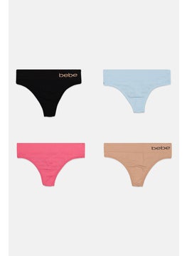 bebe Women 4 Pieces Brand Logo Thongs, Black  - Image 1