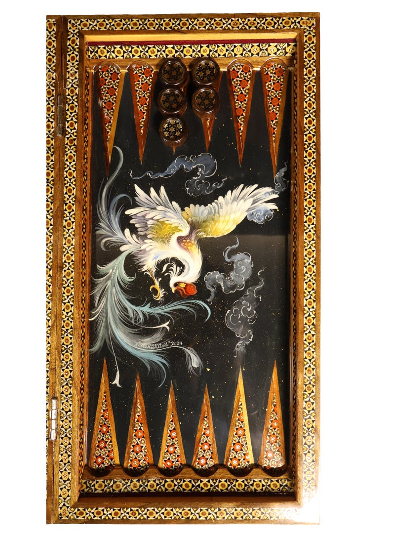 Khatam Marquetry Chess & Backgammon Set with Hand-Painted Artwork, Wooden Pieces & Carrying Case - Image 3