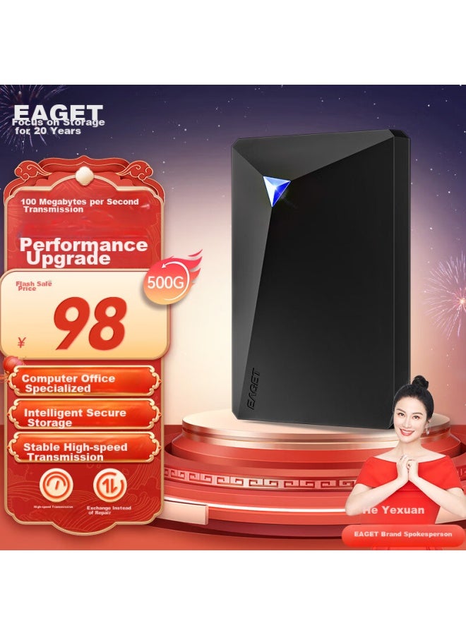 Eaget Portable Hard Drive, Encrypted, 500gb, Usb3.0, G20, 2.5-inch, External Storage, Data And Photo Backup, High-speed Transfer, Shockproof, Black, Compatible With Mac - Image 1