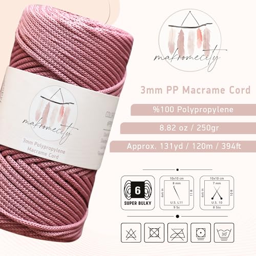 Makromecity, Premium Polyester Macrame Cord 3mm x 131 Yards (394 feet) 3mm Polypropylene Dusty Rose Macrame Cord Crochet Macrame Bag Cord Crafts for Wall Hangings, Bags, Underplate, Rug - Image 2