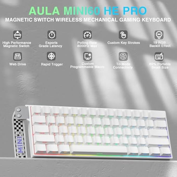 rayihni AULA MINI60 HE PRO - 60% MECHANICAL GAMING KEYBOARD WIRELESS, HALL EFFECT MAGNETIC SWITCH HOT SWAPPABLE, ADJUSTABLE ACTUATION RAPID TRIGGER MODE, 8000 HZ POLLING RATE, 60 PERCENT COMPACT DESIGN FOR PC - Image 2