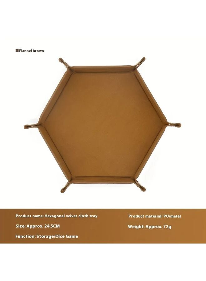 Brown Foldable Hexagonal Dice Tray Velvet Storage Box Metal Frame Gaming Party Holiday Gift - Image 1