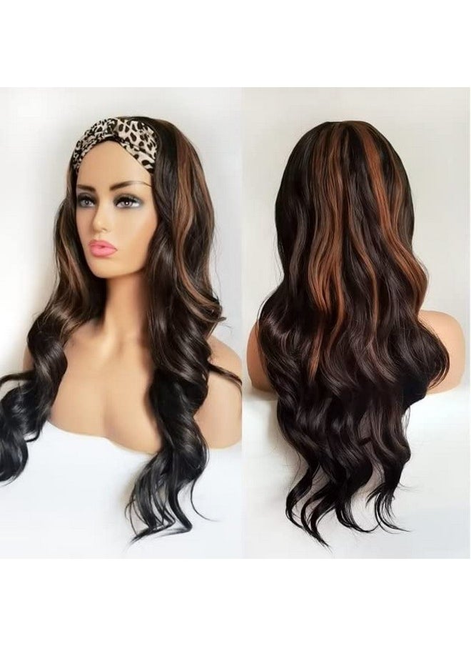 Auflaund - Natural Layered Curly Headband Wig Long Body Wave Highlight 2 Tone Brown Synthetic Headband Wigs For Us Black Women With Free Headbands And Wig Caps 24 Inch - Image 1
