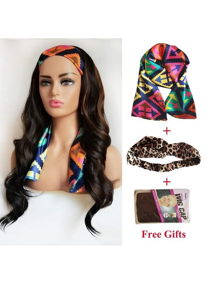 Auflaund - Natural Layered Curly Headband Wig Long Body Wave Highlight 2 Tone Brown Synthetic Headband Wigs For Us Black Women With Free Headbands And Wig Caps 24 Inch - Image 1
