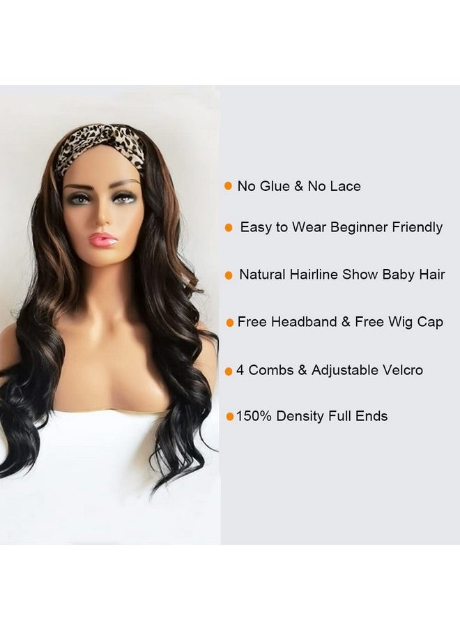 Auflaund - Natural Layered Curly Headband Wig Long Body Wave Highlight 2 Tone Brown Synthetic Headband Wigs For Us Black Women With Free Headbands And Wig Caps 24 Inch - Image 1