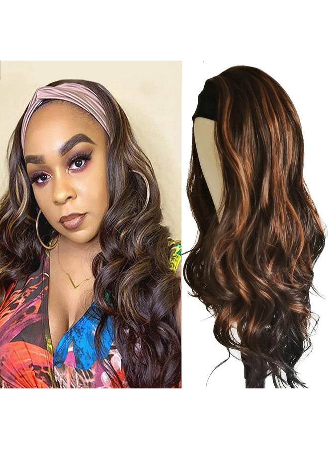 Auflaund - Natural Layered Curly Headband Wig Long Body Wave Highlight 2 Tone Brown Synthetic Headband Wigs For Us Black Women With Free Headbands And Wig Caps 24 Inch - Image 1