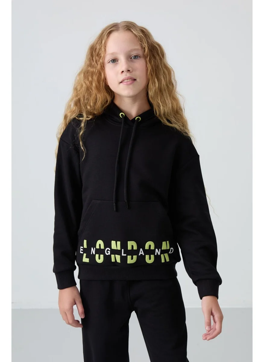 Tommy Life Black Cotton Fluffy Soft Texture Oversize Printed Girl's Tracksuit - 75147