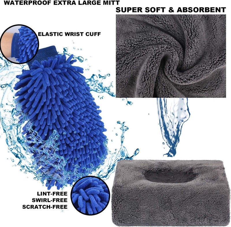 AUTODECO 22Pcs Car Wash Cleaning Tools Kit Car Detailing Set with Blue Canvas Bag Collapsible Bucket Wash Mitt Sponge Towels Tire Brush Window Scraper Duster Complete Interior Car Care Kit - Image 3