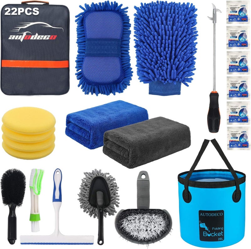 AUTODECO 22Pcs Car Wash Cleaning Tools Kit Car Detailing Set with Blue Canvas Bag Collapsible Bucket Wash Mitt Sponge Towels Tire Brush Window Scraper Duster Complete Interior Car Care Kit - Image 1
