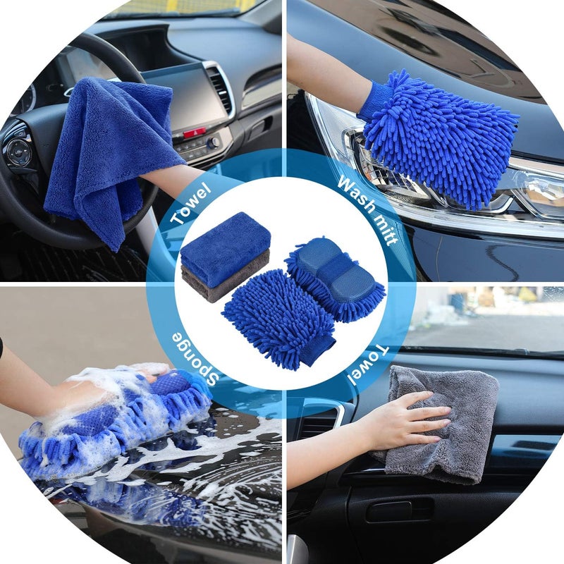 AUTODECO 22Pcs Car Wash Cleaning Tools Kit Car Detailing Set with Blue Canvas Bag Collapsible Bucket Wash Mitt Sponge Towels Tire Brush Window Scraper Duster Complete Interior Car Care Kit - Image 4