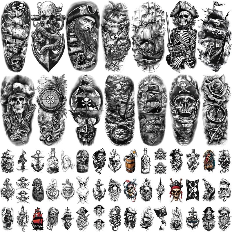 77 Sheets Temporary Tattoos for Adults and Kids Realistic Fake Tattoo Pirate Skeleton Ship Captain Anchor Compass Black Tattoo Design for Men Women Boys and Girls
