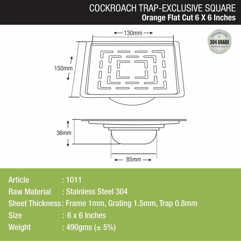 LIPKA Orange Exclusive Square Flat Cut Floor Drain | 6 x 6 Inches | 304-Grade Stainless Steel Floor Trap with Matte Finish | Drain Jali for Bathrooms with Cockroach Trap - Image 2