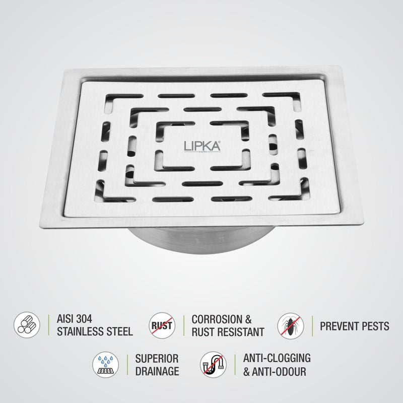 LIPKA Orange Exclusive Square Flat Cut Floor Drain | 6 x 6 Inches | 304-Grade Stainless Steel Floor Trap with Matte Finish | Drain Jali for Bathrooms with Cockroach Trap - Image 4