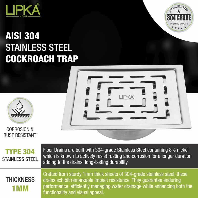 LIPKA Orange Exclusive Square Flat Cut Floor Drain | 6 x 6 Inches | 304-Grade Stainless Steel Floor Trap with Matte Finish | Drain Jali for Bathrooms with Cockroach Trap - Image 5