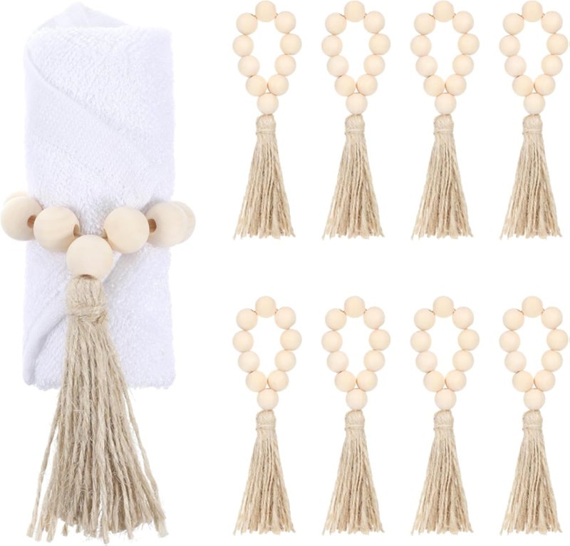 ٨ حلقات مناديل بوهيمية، حلقات مناديل خشبية ريفية مزينة بخرز وشرابة، حلقات مناديل خشبية ريفية لتزيين الطاولة، حفلات الزفاف، العشاء، الحفلات، ديكورات خشبية