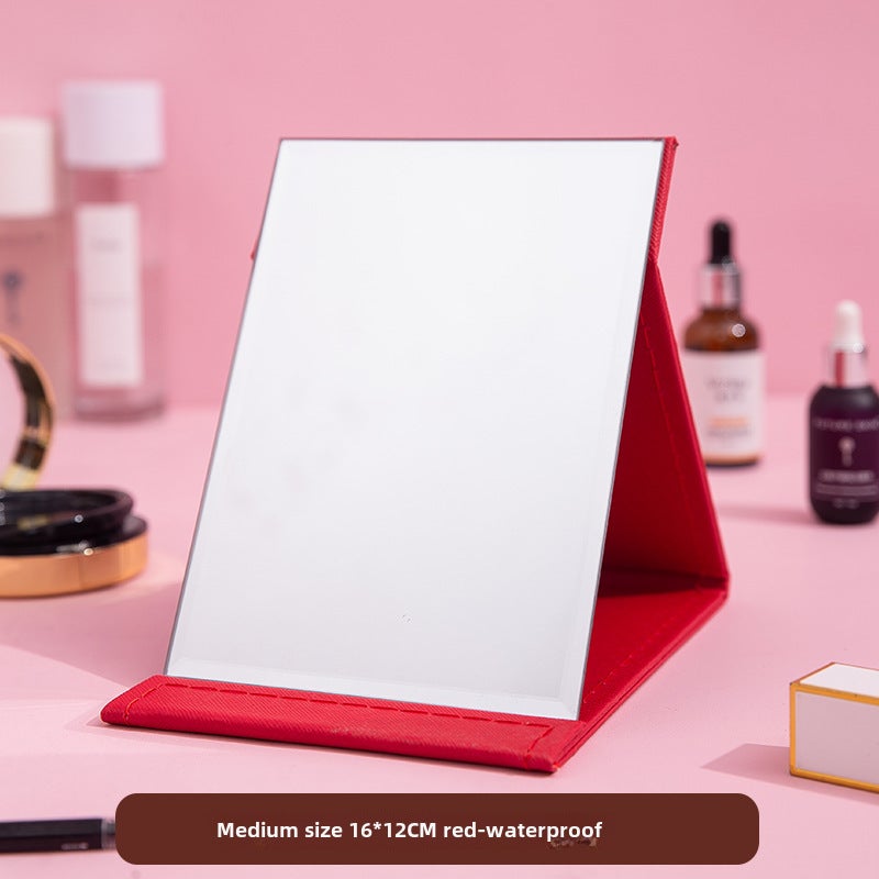 Portable makeup mirror folding desktop HD student dormitory Princess Mirror female large small size desktop dressing mirror(Medium 16 * 12cm-[red] waterproof) - Image 1