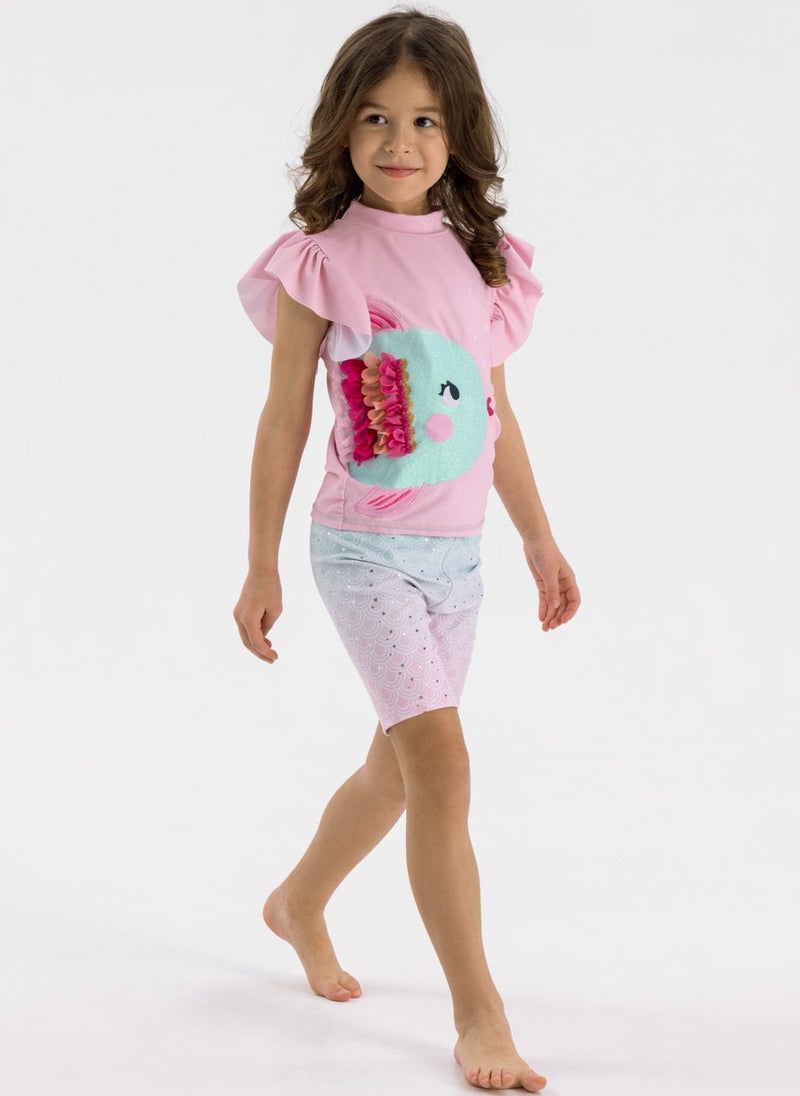 MINOTI 2-Piece Girls' Swim Set with Short Sleeve Top and Biker Shorts - Image 1