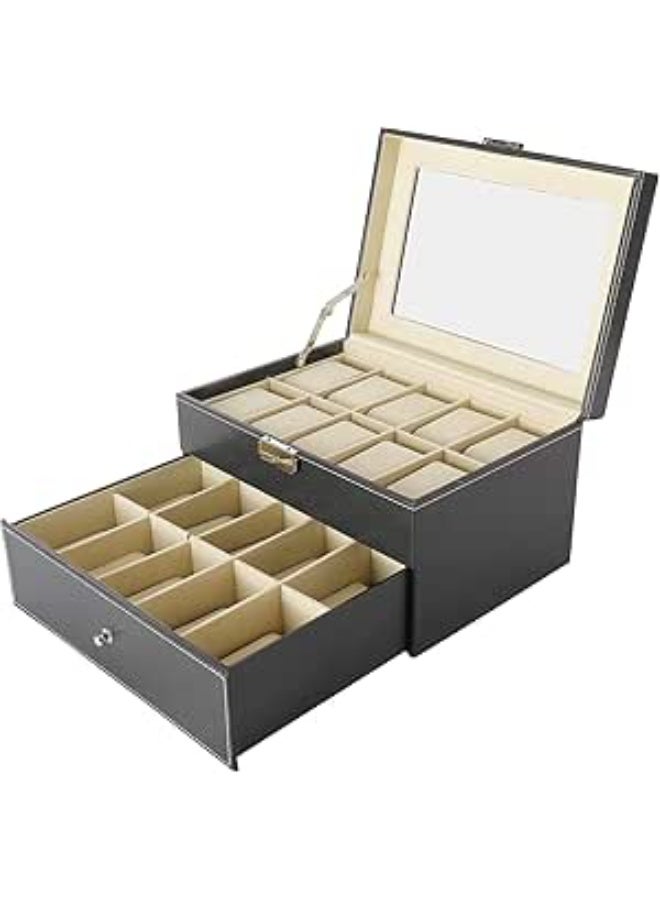 Padom PU Leather Watch Box, Watch Holder, Watch Organizer with Glass Lid, Watch Case with Removable Watch Pillow, Velvet Lining, Metal Clasp, Watch Display (20 Slot) - Image 1