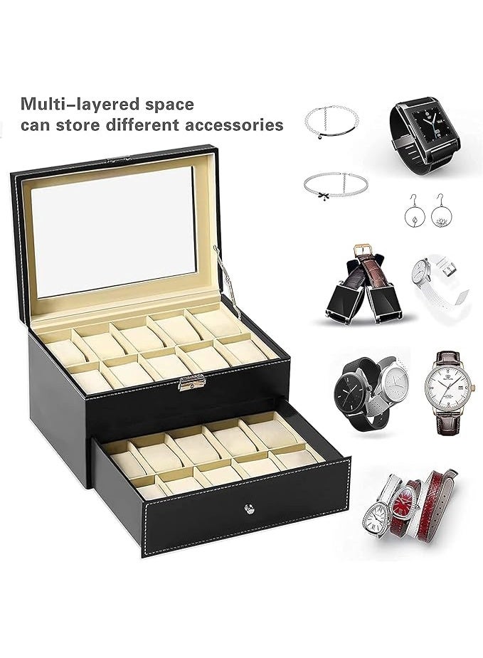 Padom PU Leather Watch Box, Watch Holder, Watch Organizer with Glass Lid, Watch Case with Removable Watch Pillow, Velvet Lining, Metal Clasp, Watch Display (20 Slot) - Image 4