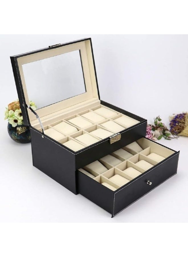 Padom PU Leather Watch Box, Watch Holder, Watch Organizer with Glass Lid, Watch Case with Removable Watch Pillow, Velvet Lining, Metal Clasp, Watch Display (20 Slot) - Image 5