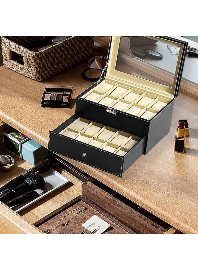 Padom PU Leather Watch Box, Watch Holder, Watch Organizer with Glass Lid, Watch Case with Removable Watch Pillow, Velvet Lining, Metal Clasp, Watch Display (20 Slot) - Image 3
