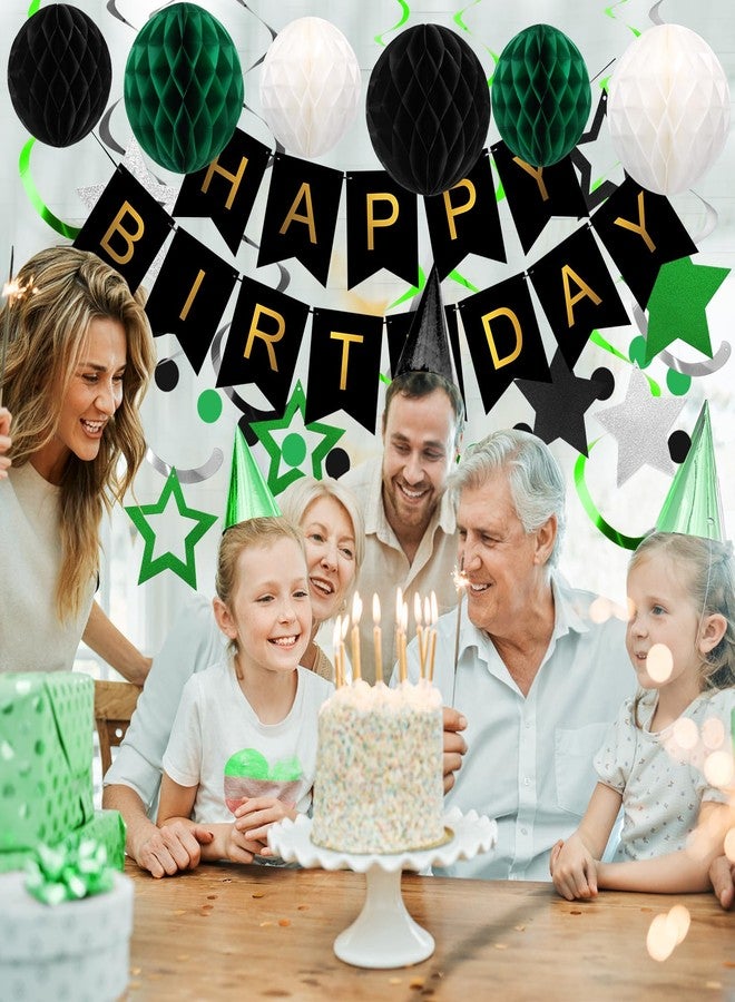 زينة عيد ميلاد رائعة باللونين الأخضر والأسود - لافتة عيد ميلاد سعيد مع كرة على شكل خلية نحل، وشريط متدلي على شكل نجمة، وزينة دائرية منقطة - زينة حفلات عيد ميلاد للرجال والأولاد والنساء - Image 5