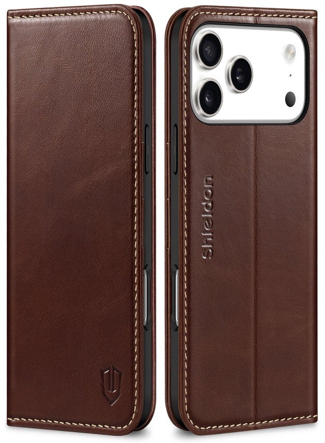 SHIELDON Genuine Leather Wallet Case for iPhone 17 Pro Max 6.9-inch, RFID Blocking, Card Slots, Magnetic, Shock Absorbing, Flip Cover, Kickstand, Protective, TPU Shell, Strap Holes - Retro Coffee - Image 1