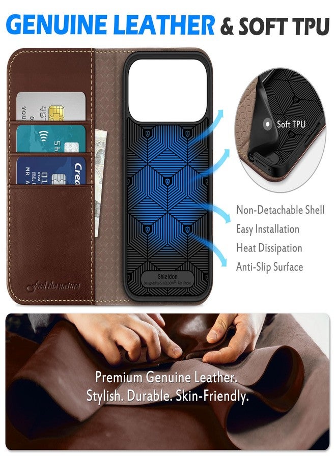 SHIELDON Genuine Leather Wallet Case for iPhone 17 Pro Max 6.9-inch, RFID Blocking, Card Slots, Magnetic, Shock Absorbing, Flip Cover, Kickstand, Protective, TPU Shell, Strap Holes - Retro Coffee - Image 3