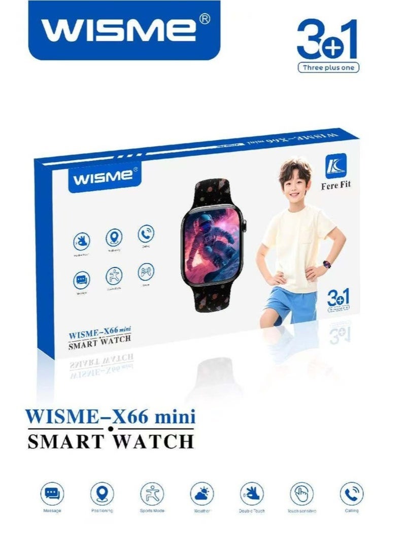 WISME ساعة X66 الذكية للأطفال الصغيرة مع مكالمات بلوتوث، 3 أحزمة إضافية، كابل شحن متضمن، ميزات اللياقة والسلامة، تصميم تفاعلي ممتع للأولاد والبنات - أسود - Image 2