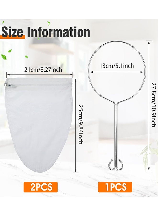 Ultra Fine Mesh Strainer Bags, 2 Pcs Reusable Mesh Filter Bags with 1 Pcs Stainless Steel Handle Frame for Filter NutMilk, Coffee, Milk, Butter, Juices and Fresh Cheese - Image 2