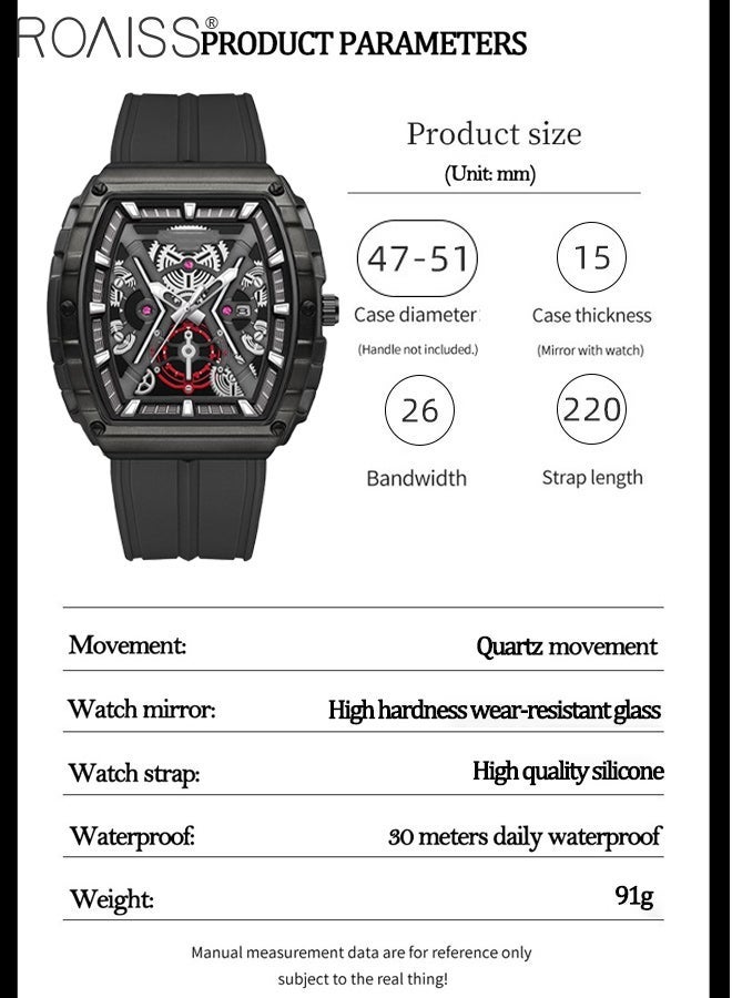 roaiss Men's Silicone Strap Quartz Watch, Analog Display Tonneau Dial with Date Display, Luminous Waterproof Trend Sports Wristwatch, as Gift for Men - Image 5