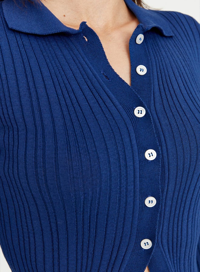 trendyol Navy Blue Mercerized Look Ribbed Polo Collar Knitwear Cardigan - Image 4