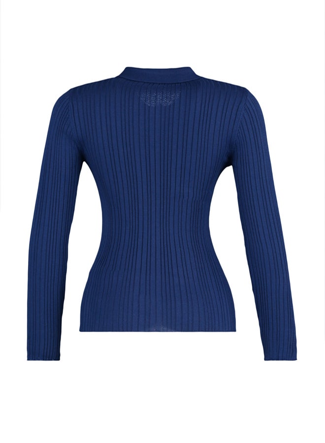 trendyol Navy Blue Mercerized Look Ribbed Polo Collar Knitwear Cardigan - Image 5
