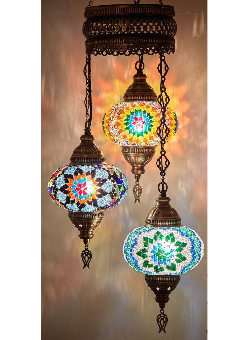 Quick Cart Turkish Mosaic Chandelier Multi 3-Globe Ceiling Lamp Bohemian Hanging Pendant Light | Perfect for House warming, Birthday & Anniversery Gift | Perfect For Office & Hotel  - Image 1