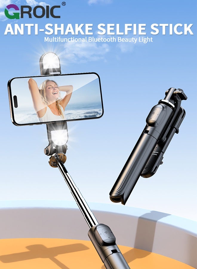 GROIC Selfie Stick Tripod with Bluetooth Wireless Remote, Dual Beauty Fill Light, Stretch 100cm, All-in-One Aluminum Phone Tripod Stand Compatible with iOS and Android Smartphone  - Image 2