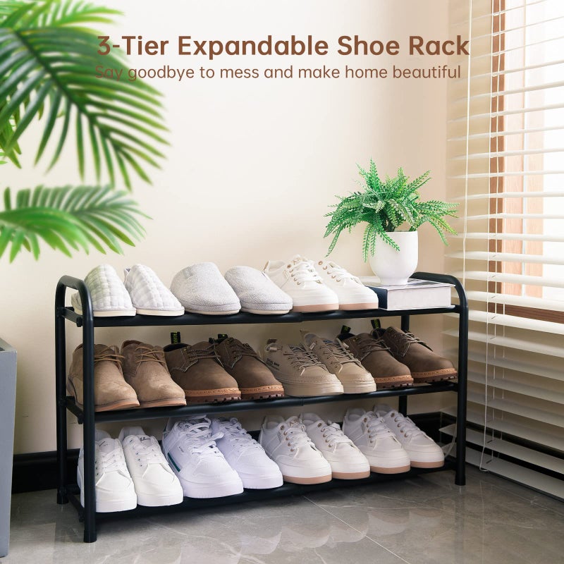 Gonfoam 3-Tier Expandable Shoe Rack,Adjustable Shoe Shelf Storage Organizer Heavy Duty Metal Free Standing Shoe Rack for Entryway Closet Doorway (Black) - Image 2