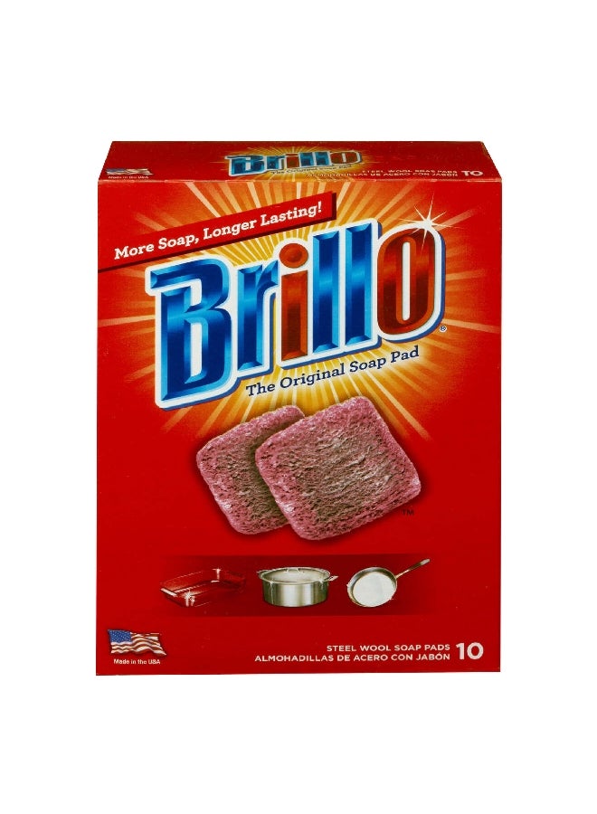 Brillo 10-Piece Multi-Purpose Heavy Duty Steel Wool Soap Pad Red 18.29 x 6.1 x 12.95 cm 1430438 - Image 1