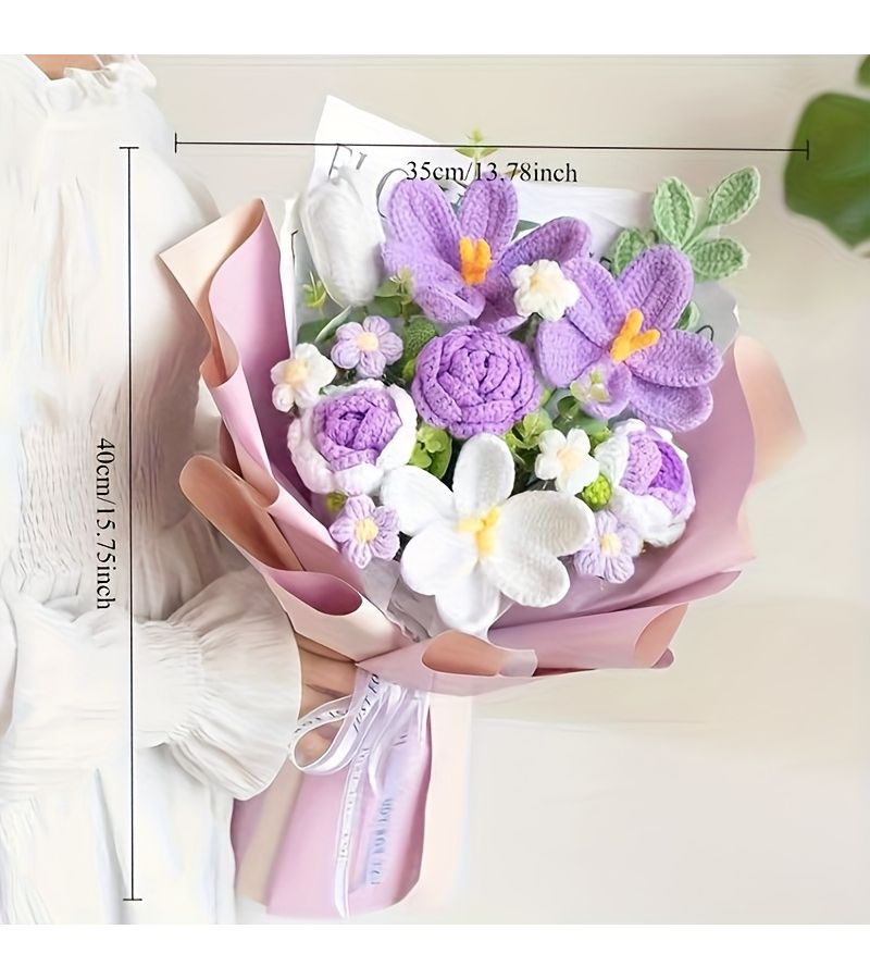 Custom Handcrafted Crochet Bouquet Lifelike Artificial Roses And Tulips In Blue Low Maintenance Home Office Decor For Mother s Day Valentine s Day Birthdays Weddings Anniversaries Elegant Table Centerpiece Premium Fabric Flowers With Customizable Images And Text - Image 3