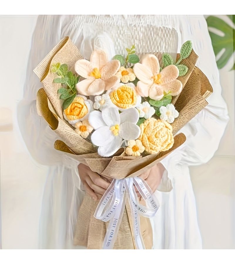 Custom Handcrafted Crochet Bouquet Lifelike Artificial Roses And Tulips In Blue Low Maintenance Home Office Decor For Mother s Day Valentine s Day Birthdays Weddings Anniversaries Elegant Table Centerpiece Premium Fabric Flowers With Customizable Images And Text - Image 5