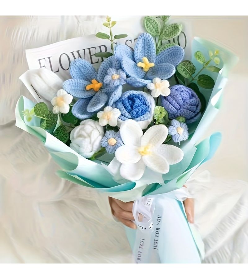 Custom Handcrafted Crochet Bouquet Lifelike Artificial Roses And Tulips In Blue Low Maintenance Home Office Decor For Mother s Day Valentine s Day Birthdays Weddings Anniversaries Elegant Table Centerpiece Premium Fabric Flowers With Customizable Images And Text - Image 1