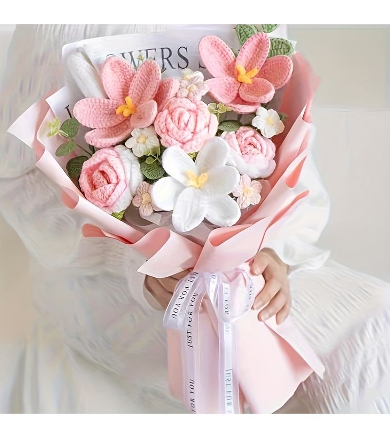 Custom Handcrafted Crochet Bouquet Lifelike Artificial Roses And Tulips In Blue Low Maintenance Home Office Decor For Mother s Day Valentine s Day Birthdays Weddings Anniversaries Elegant Table Centerpiece Premium Fabric Flowers With Customizable Images And Text - Image 2