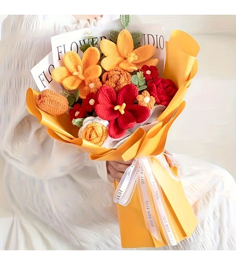 Custom Handcrafted Crochet Bouquet Lifelike Artificial Roses And Tulips In Blue Low Maintenance Home Office Decor For Mother s Day Valentine s Day Birthdays Weddings Anniversaries Elegant Table Centerpiece Premium Fabric Flowers With Customizable Images And Text - Image 4