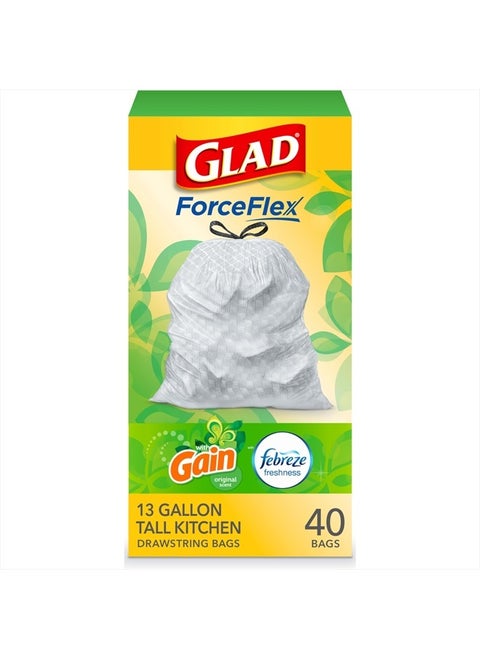 Trash Bags, ForceFlex Tall Kitchen Drawstring Garbage Bags‚ 13 Gallon White Trash Bag, Gain Original scent with Febreze Freshness‚ 40 Count (Package May Vary)
