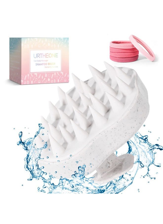 URTHEONE Scalp Massager Shampoo Brush, Hair Scalp Scrubber Head Massager with Soft Silicone Bristles for Women Men Kids Pets Shower and Hair Growth(Beige) Includes 5 Pcs Hair Ties  - Image 1