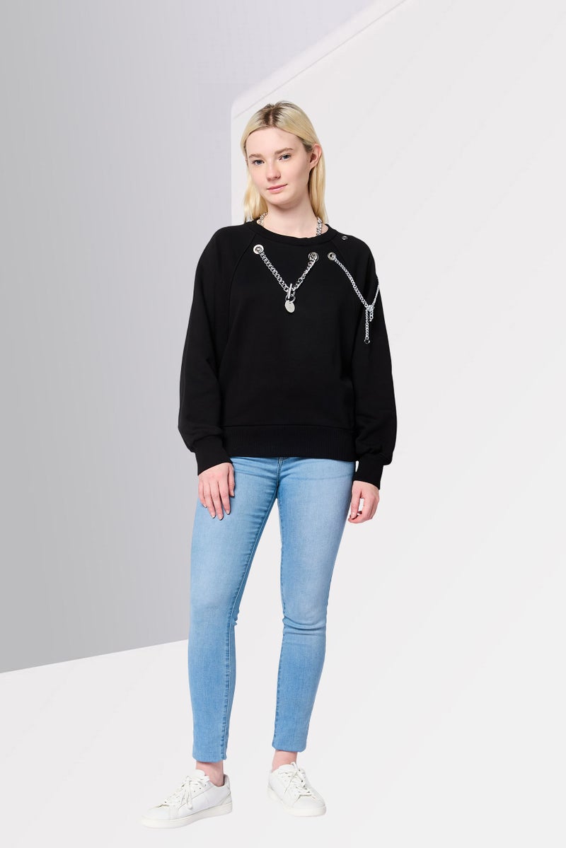 DIESEL Women Crew Neck Solid Long Sleeve Sweatshirt, Black - Image 2