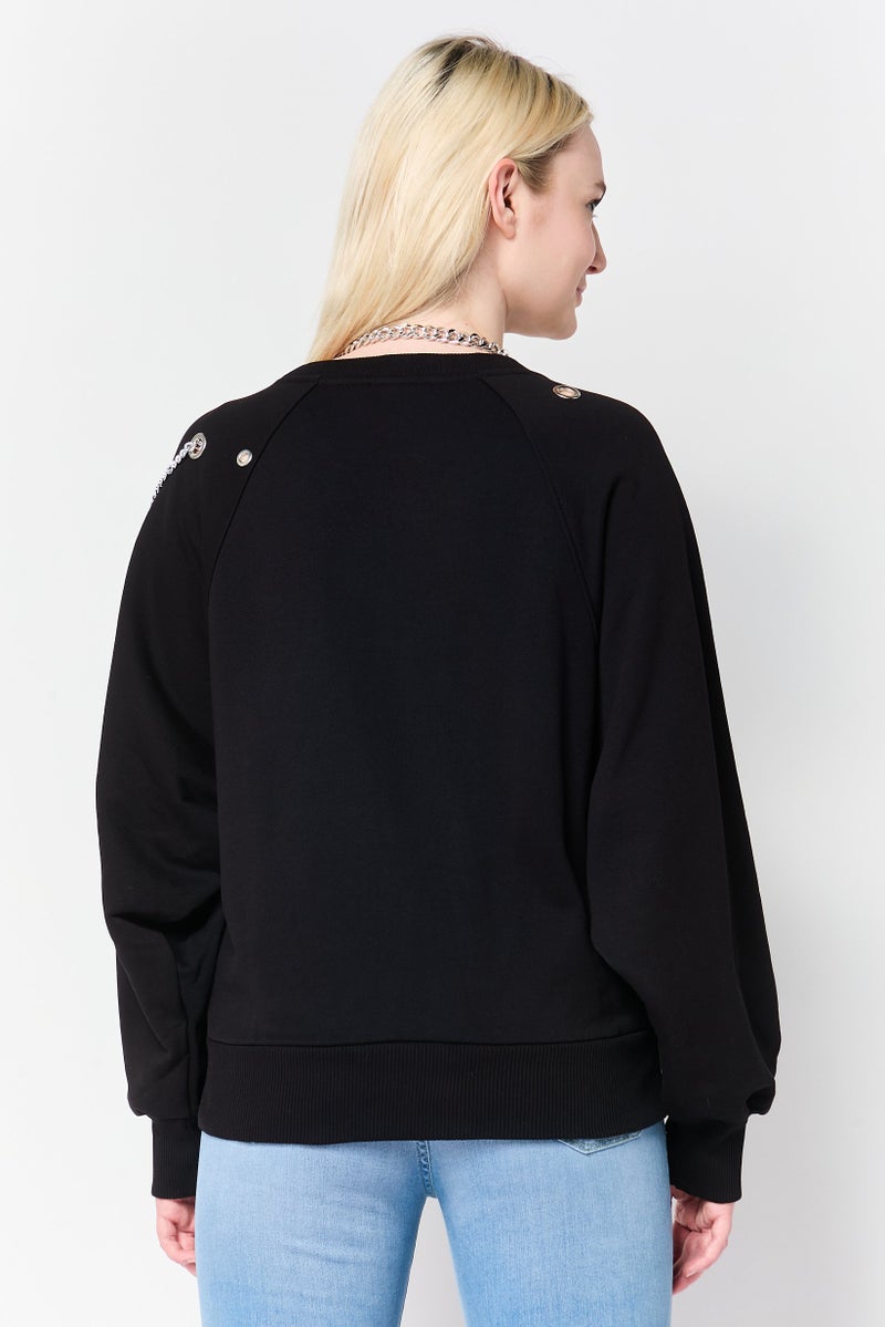 DIESEL Women Crew Neck Solid Long Sleeve Sweatshirt, Black - Image 4