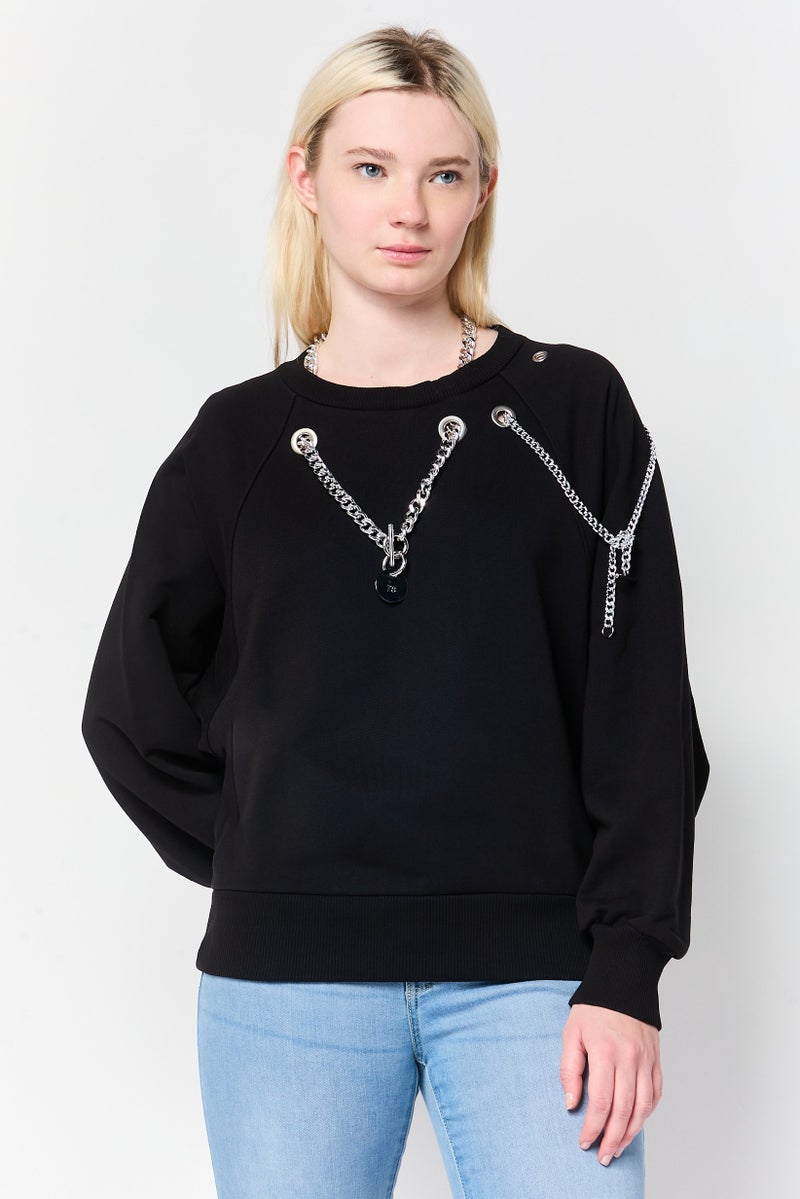 DIESEL Women Crew Neck Solid Long Sleeve Sweatshirt, Black - Image 1