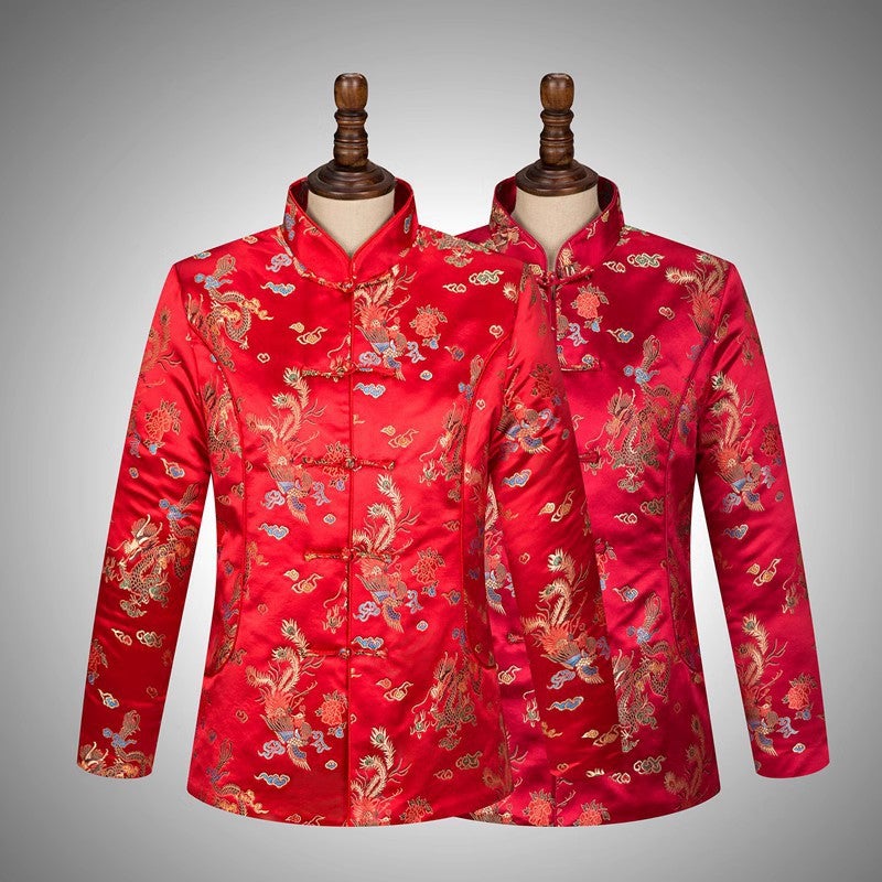 Festive Men'S And Women'S Tang Suit Chinese Style Coat Middle-Aged And Elderly Coat Dragon And Phoenix Couple'S Chinese Tang Suit Cotton-Padded Coat - Image 4