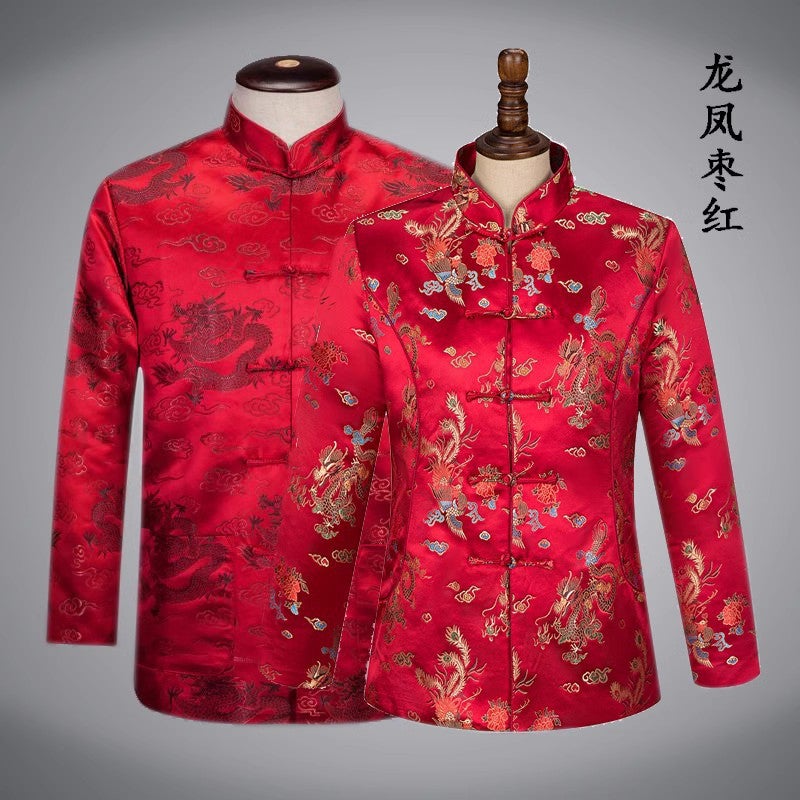 Festive Men'S And Women'S Tang Suit Chinese Style Coat Middle-Aged And Elderly Coat Dragon And Phoenix Couple'S Chinese Tang Suit Cotton-Padded Coat - Image 3